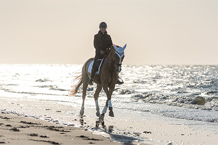 Jennifer Kastner mit ihrem Pferd am Meer